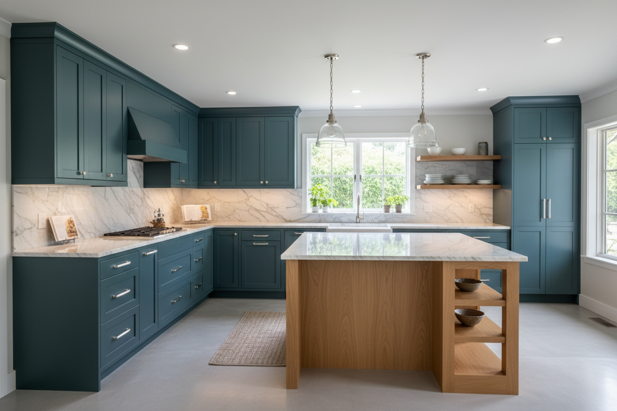 Transitional kitchen design with Sherwin-Williams Underseas SW 6214 cabinets
