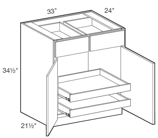 B33-2T - Glasgow Deep Onyx - Base 33" - Double Door/Double Drawer - 2 Rollout Trays