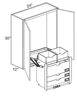 W2430-PDSFR - Manhattan High Gloss White - Wall 24" x 30" Pull-Down Shelves Frosted - Double Door