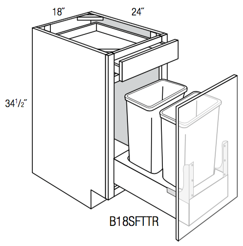 B18SFTTR - Dover Castle - Base Cabinet/ Soft-close Trash Pull - Single Door/Drawer
