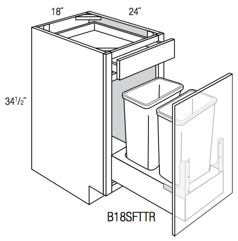 B18SFTTR - Upton Brown - Base Cabinet/ Soft-close Trash Pull - Single Door/Drawer