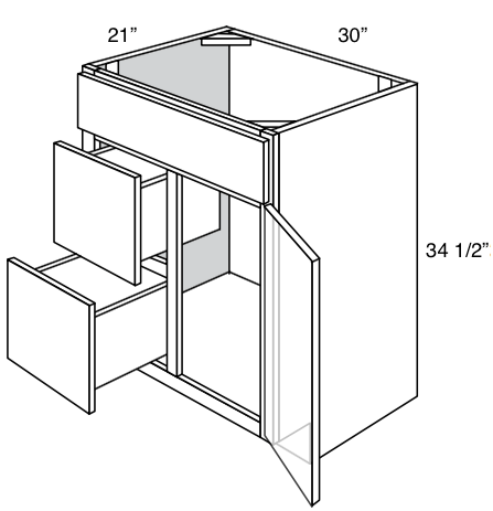 V3021D-L - Dover White - Vanity Base 1 Door, 2 Drawers - Drawers on Left