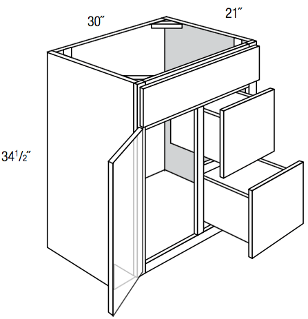 V3021D-R - Dover White - Vanity Base 1 Door, 2 Drawers - Drawers on Right